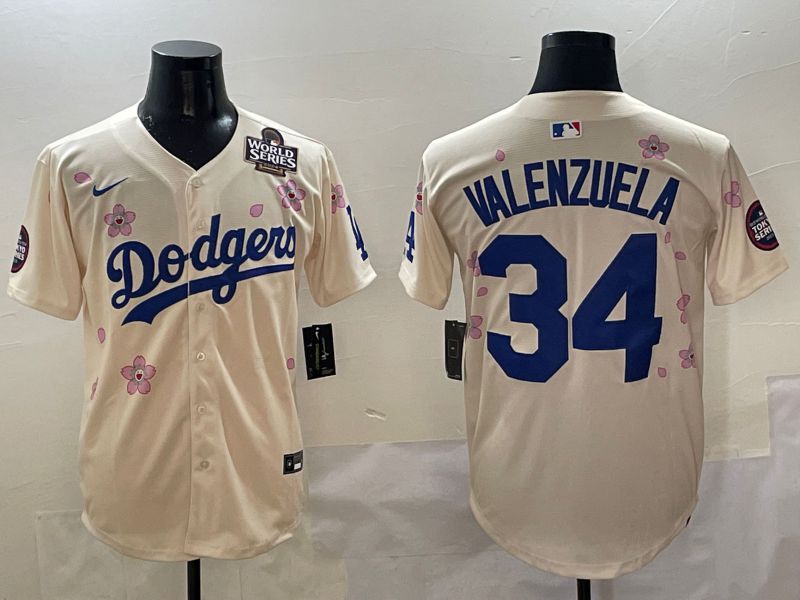 Men Los Angeles Dodgers #34 Valenzuela Cream White Blue Sakura Edition 2025 Nike MLB Jersey style 7